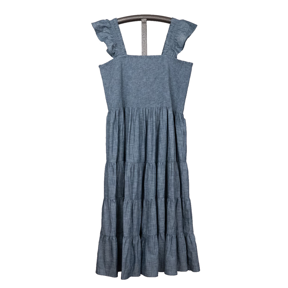 Lands' End 100% Cotton Chambray Tiered Prairie Dress 2X Western Cottage Romantic